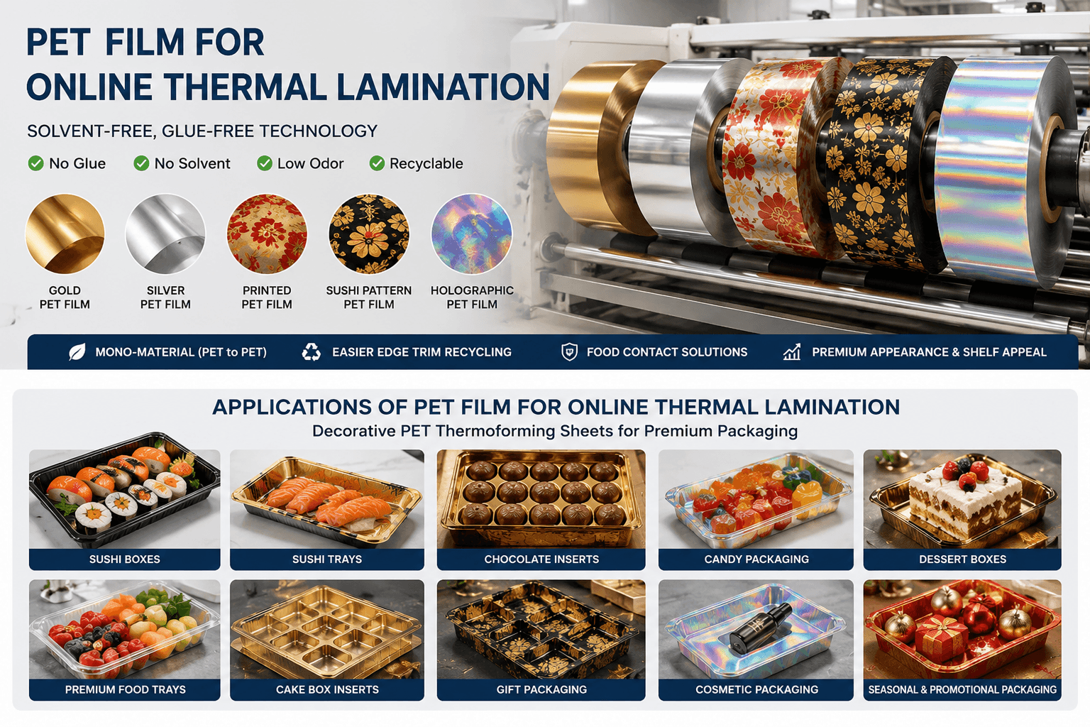 PET Film for Online Thermal Lamination: Gold, Silver, Printed & Holographic Films for Solvent-Free PET Sheet Lamination